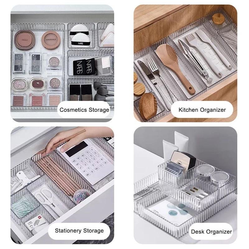 Plastic Transparent Cosmetics Storage Boxes Set Stackable Vanity Bathroom Makeup Organizer Bin Desktop Drawer Organizer 5
