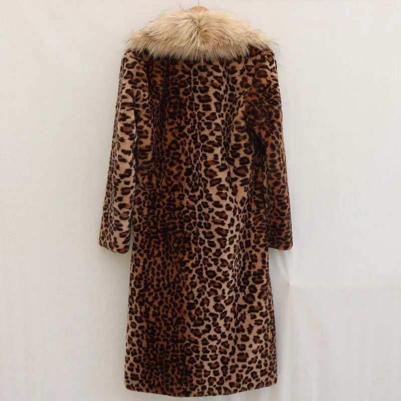 Luxury Brand Long Fur Coat Women Large Size Faux Fur Jacket Leopard Print Big Fur Collar Windbreaker Women Clothing High Quality