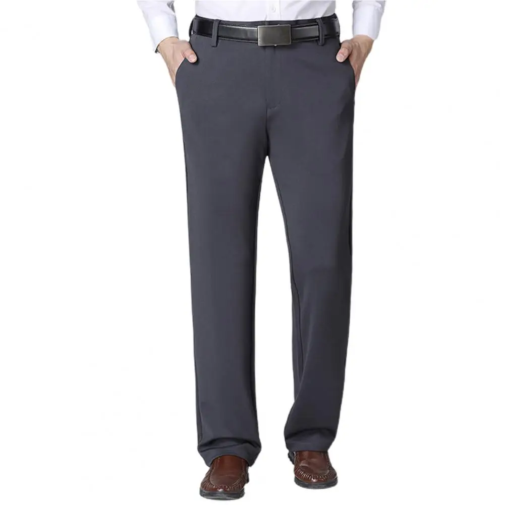 Men Business Pants Stretchy Spring Autumn Mid Waist Straight Loose Trousers Business Suit Pants Pockets Father Trousers