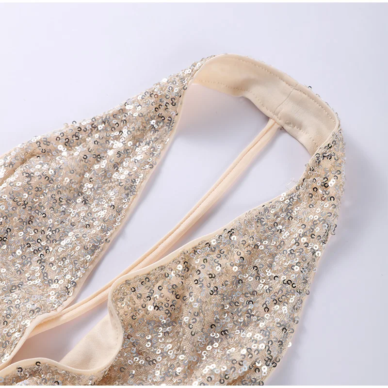 Damen-Top mit glitzernden Pailletten, Neckholder, Wasserfallausschnitt, drapiert, rückenfrei, ärmellos, Clubwear 2025, sexy Party-Abend-Bluse, Weste, schickes Outfit – Detail 4
