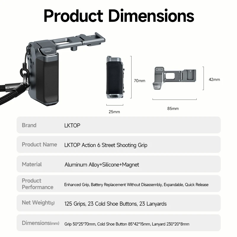LKTOP 액션 6 스트리트 사진 촬영 핸들 키트 (DJI 오즈모 액션 6용) 다기능 확장 즉각적인 DSLR 변환