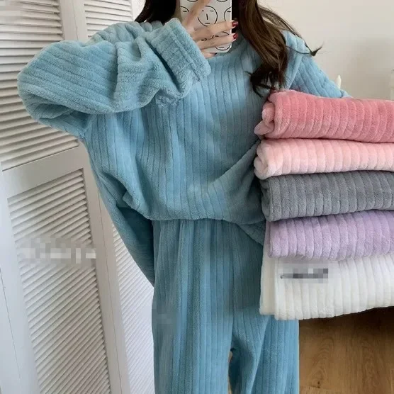 Ensemble de vêtements de nuit en flanelle épaisse, vêtements chauds pour la maison, vêtements d'extérieur pour femmes, deux pièces, robe de nuit, pyjama confortable, automne-hiver 1