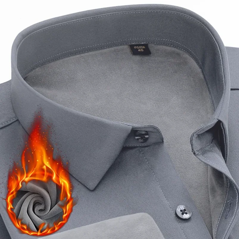 

Men's Winter Fleece Warm Basic Standard-fit Long Sleeve Dress Shirt Solid Formal Business Work Office Classic Male Shirt Yyqwsj