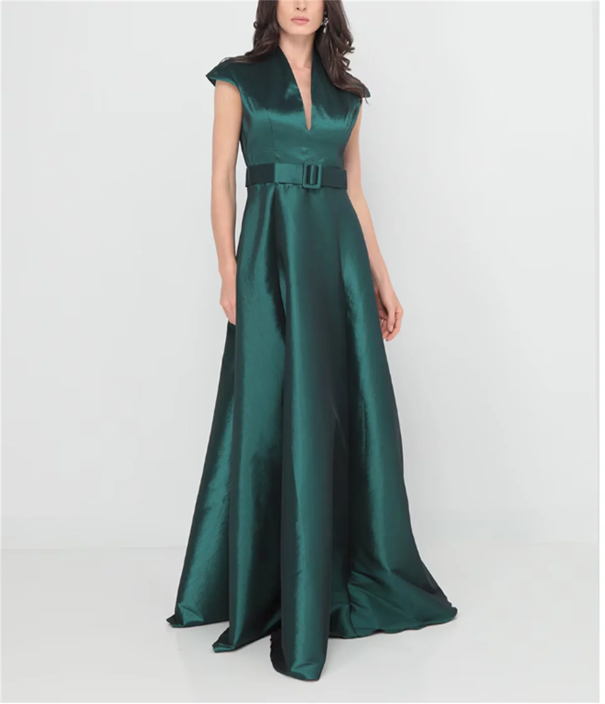 

Green Elegant Evening Dress Wedding Guest Formal V Neck Short Sleeve Court Train Satin with Pleats Sequin Robes De Soirée 2024