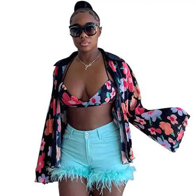 

Summer Sexy Top 2 Piece Set Womens Outfits Pleated Bikini and Shirt Set Flare Sleeves Flowers Open Stitch Blouse for Women Tops