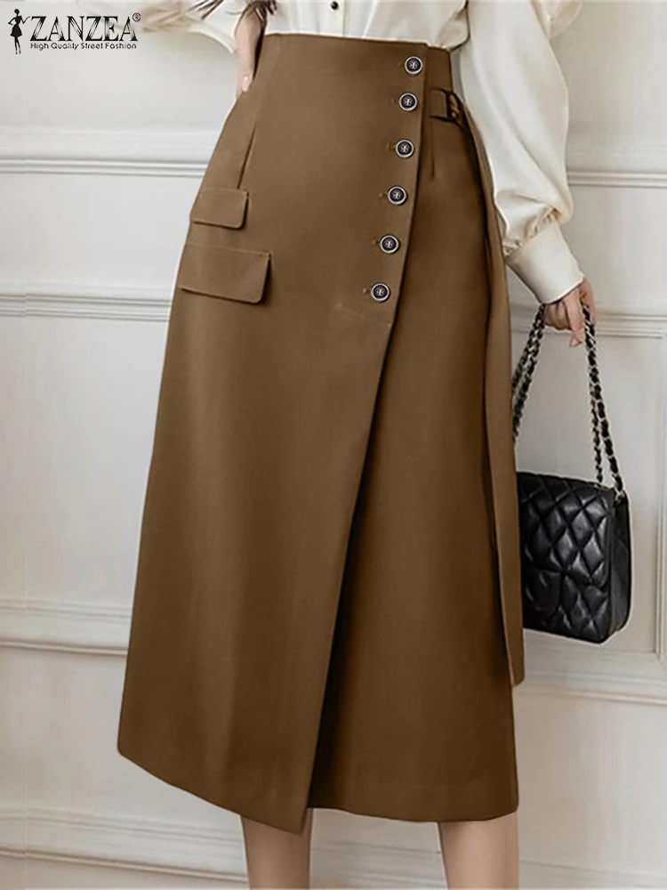 ZANZEA Women Autumn Long Jupes Faldas Saia Elegant Office Lady Skirts Bandage High Waist Midi Skirt Casual Loose Solid Bottoms 3