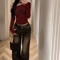 T-Shirts Grunge imprimés gothiques pour femmes, manches longues, épaules dénudées, vêtements Y2K, chemise Streetwear, Style coréen, haut court Vintage 5