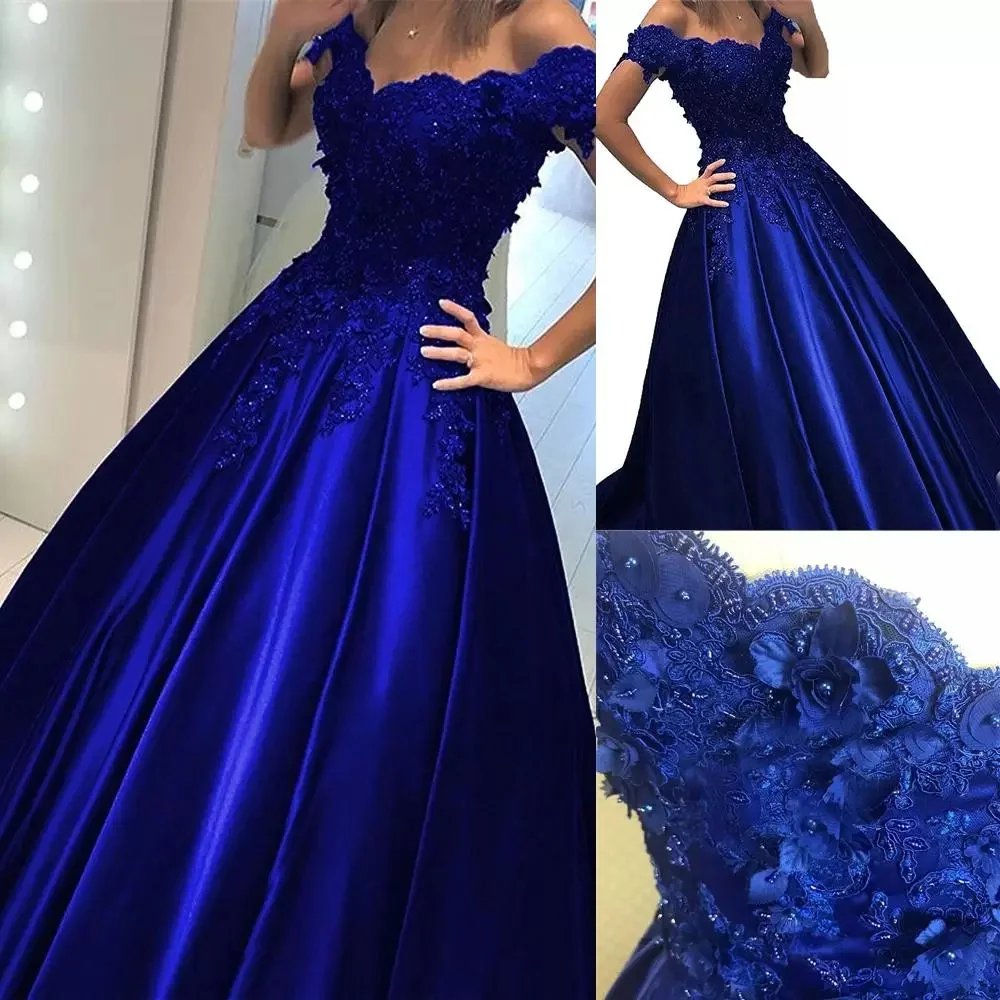 

Женское бальное платье с открытыми плечами, темно-синее кружевное атласное платье с 3D цветами, модель Quinceanera для выпускного вечера