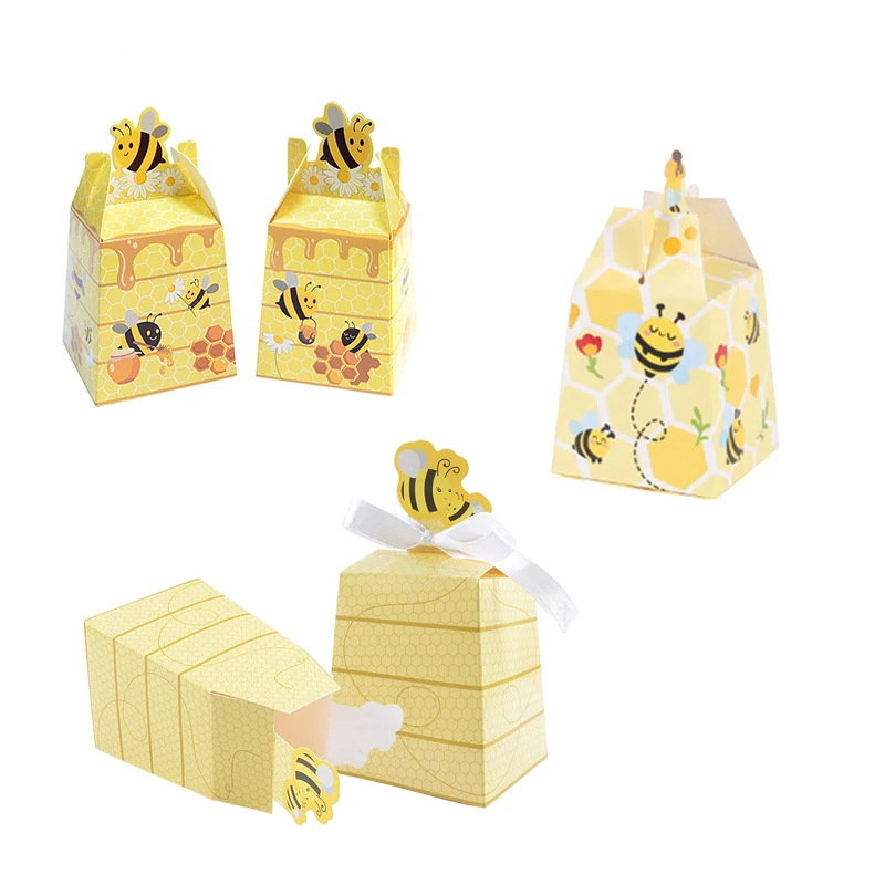 10/20 stücke Bee Papier Candy Boxen Geschenke Box Mit Bändern Für Kind Biene Geburtstag Geschenk Verpackung Box Baby Dusche hochzeit Party Liefert