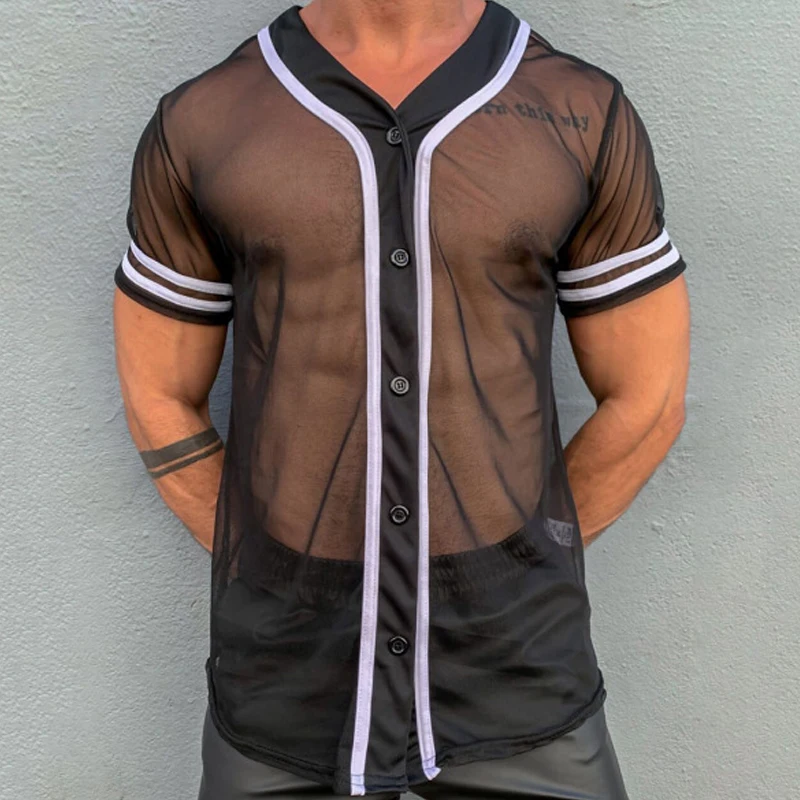 

Fashion See Through Mesh Long Sleeve Striped T Shirt Mens Slim Short Sleeve V Neck Casual Tops Spring Summer Leisure Sports Tee