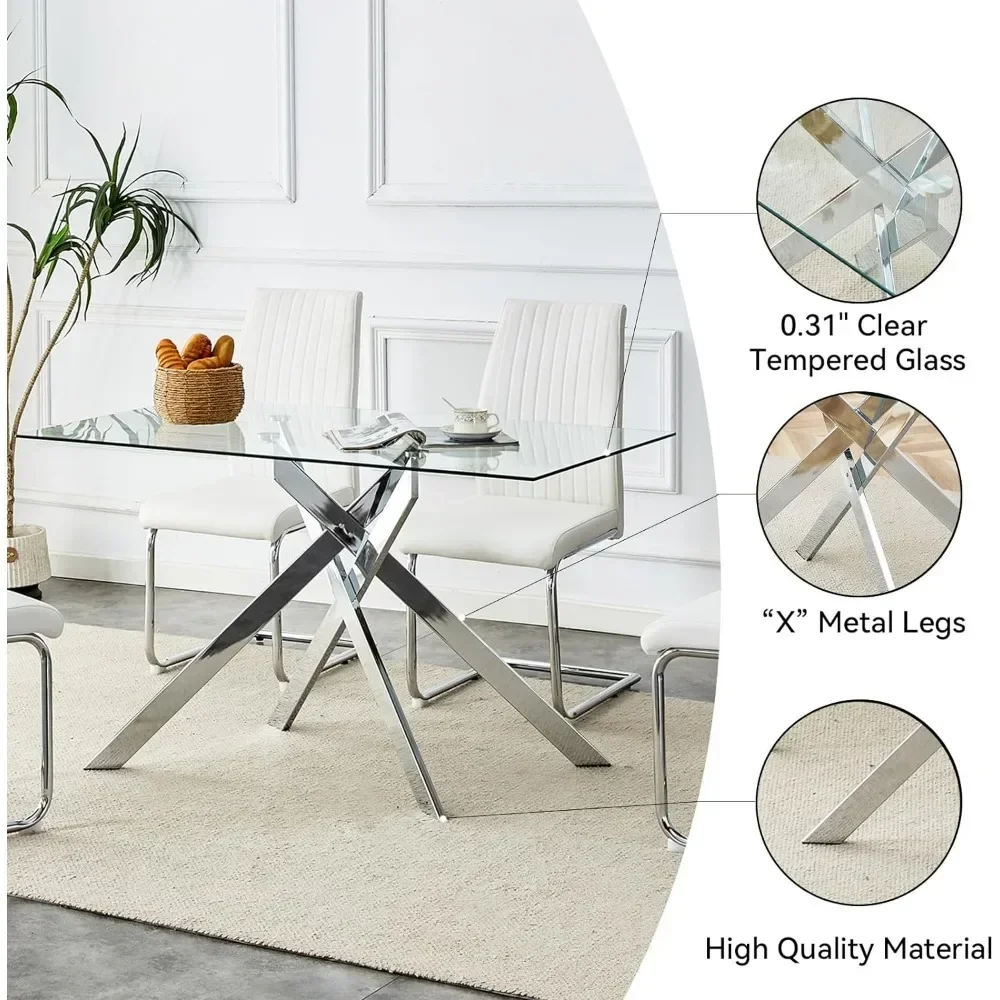 Rectangular Glass Dining Table Kitchen Glass Top Table for 4 with   Metal Legs,Dining Table Kitchen Glass Table for Kitchen 5