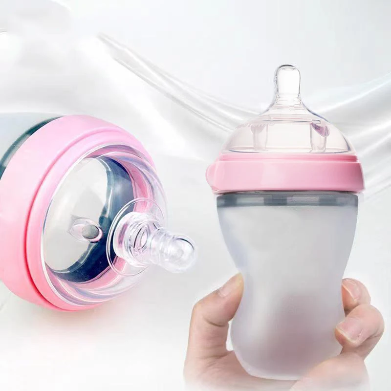 Baby Silicone Breastfeeding Nursing Bottle 150ml 250ml with Gravity Straw and Dust Cap for Newborns