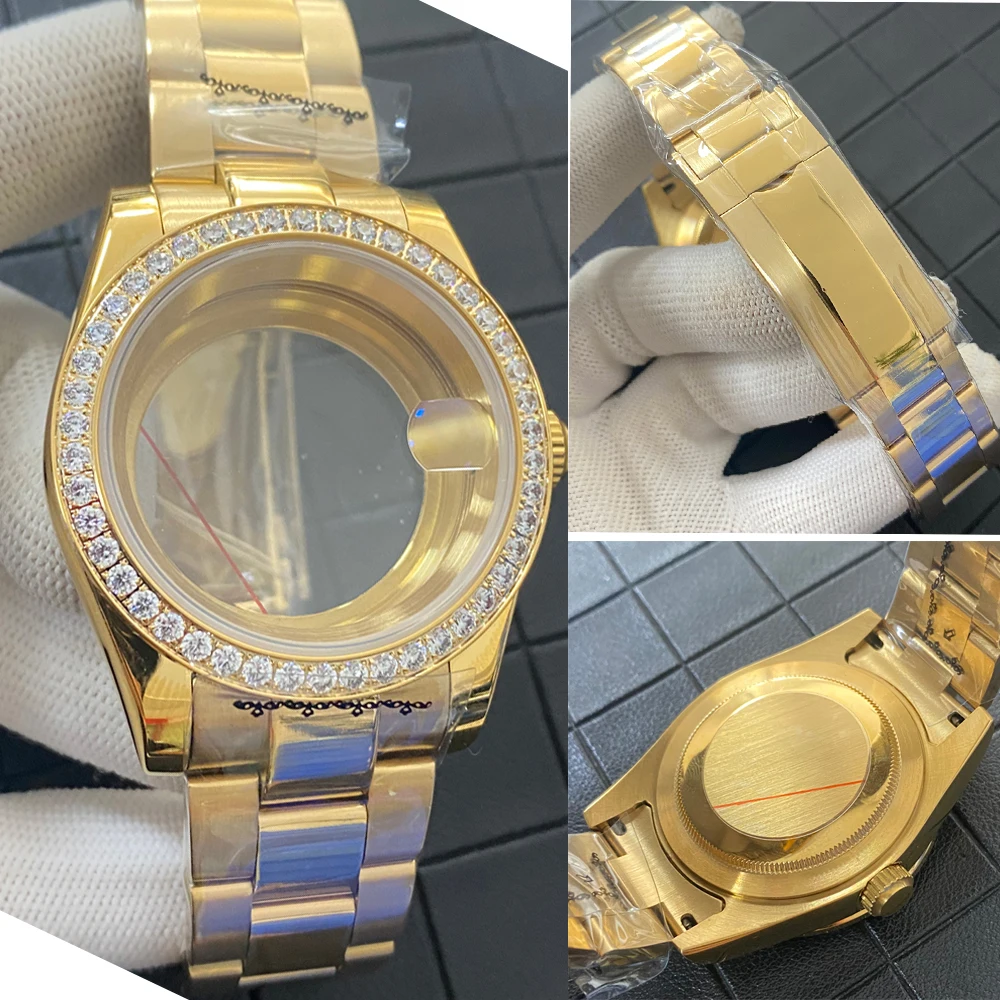 

39mm Gold Watch Case NH35 Case with Strap Set Oyster Sapphire Glass Case with Stones for NH35/NH36/4R/7S Movement Watch Part