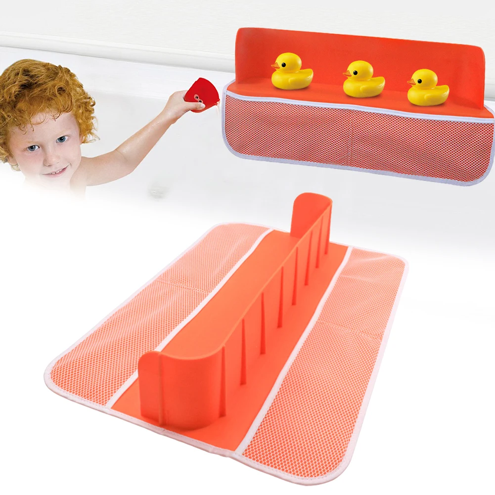 Bathtub Splash Guard Silicone Bathtub Shelf 4 Mesh Pockets Toy Organizer Shelf Storage Rack for Toddlers Kids Baby