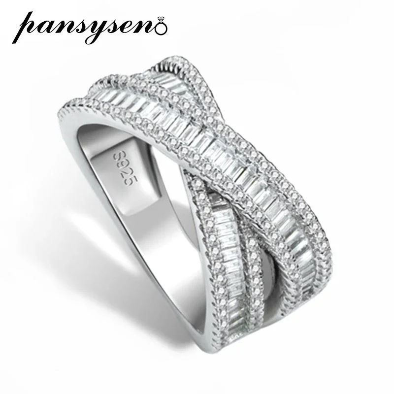 

PANSYSEN 18K White Gold Plated 925 Sterling Silver High Carbon Diamond Gemstone Cross Ring for Women Fine Jewelry Gift Wholesale