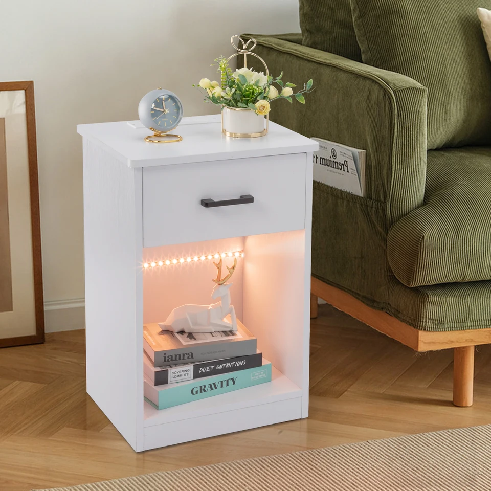 White LED Light Bedside Table with Socket