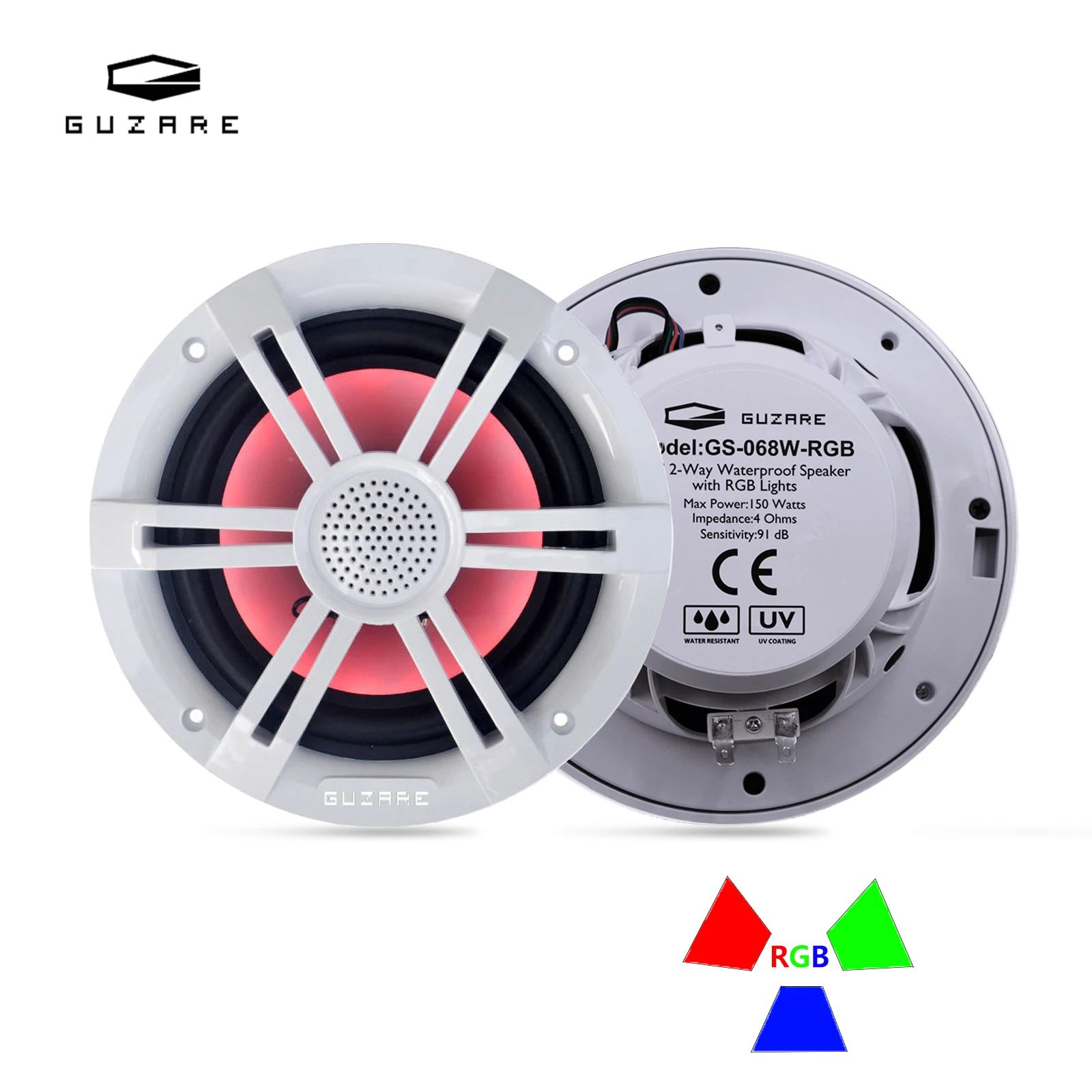 GUZARE Marine Speakers with RGB Lights 150Watts*2Pcs IP66 Waterproof for Boat / Home Music Party