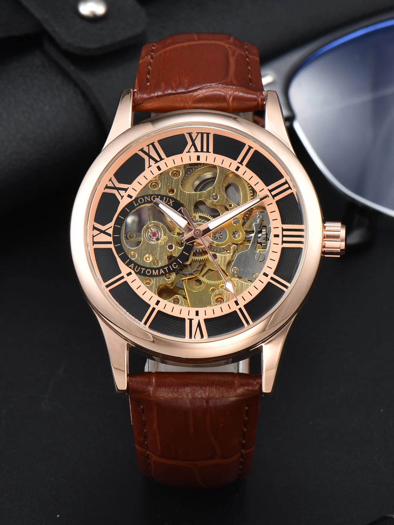 LONGLUX Automatic Waterproof Leather Wristwatch with Roman Numerals - Luxury Men's Gift