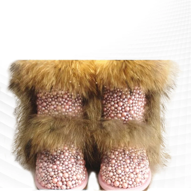 

Pink mid-tube fox fur pearl accessories custom models and calf snow boots fur integrated large size women's boots 35-44