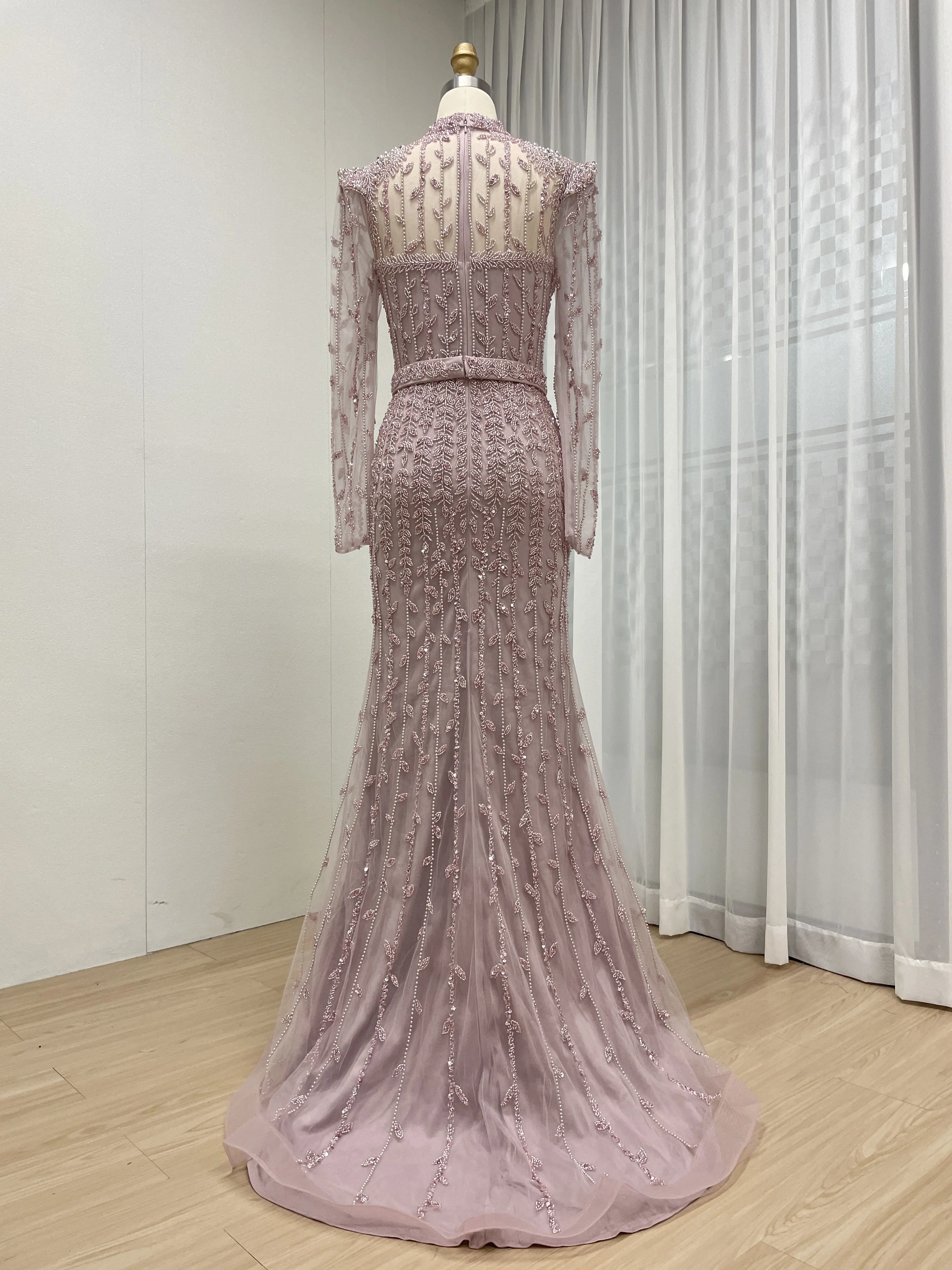 MYMB Neue Ankunft Luxus Langarm Elegante Meerjungfrau Perlen Perlen Arabisch Abendkleider Kleid für Formelle Anlässe Party MB40388 – Detail 4