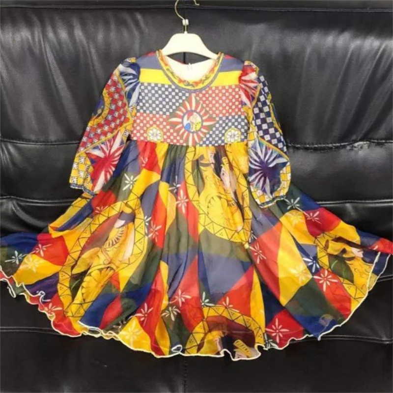 

New large swing chiffon dress baby girl sitioning print long dres