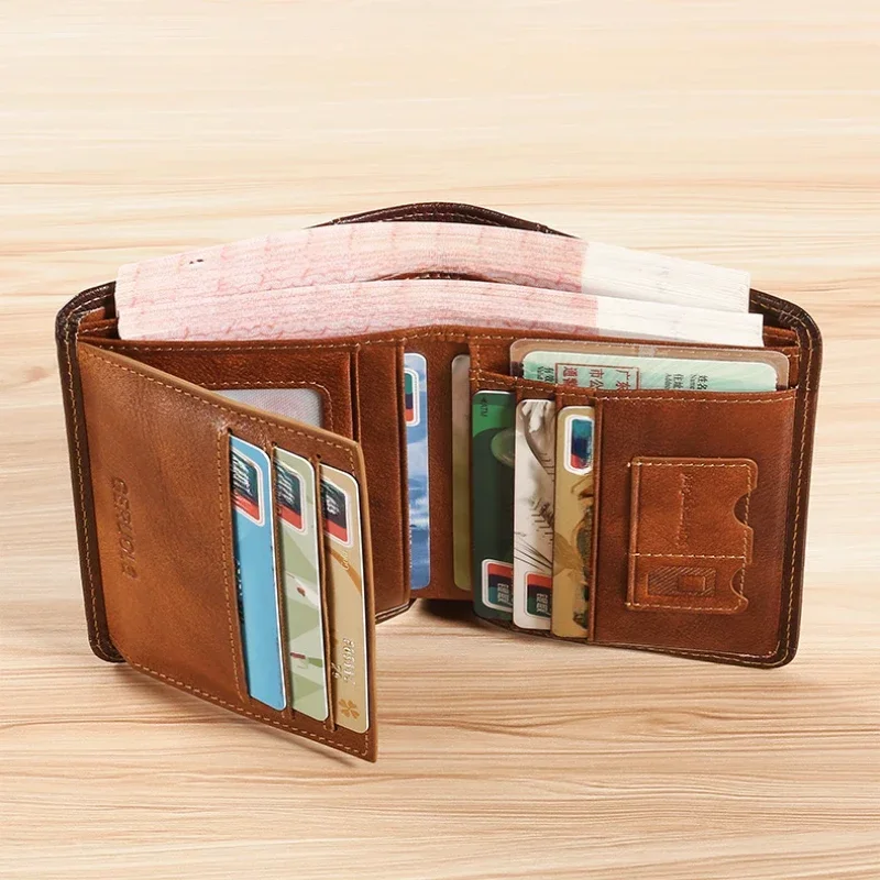 Leather Rfid Blocking Trifold Wallets For Men Vintage Thin Short Multi Function ID Credit Card Holder Money Bag ﻿Purse