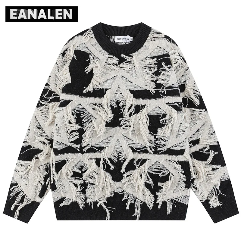 

Harajuku Retro Tassel Star Sweater Men's Winter Oversized Black and White Stitching Knitted Pullover Grandpa Ugly Sweater Women