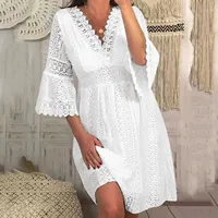 Womens Lace Casual Loose Dress V Neck Hollow Lace Flare Sleeve Dresses Plus Size White Dress Female Vintage Casual Beach Dresses