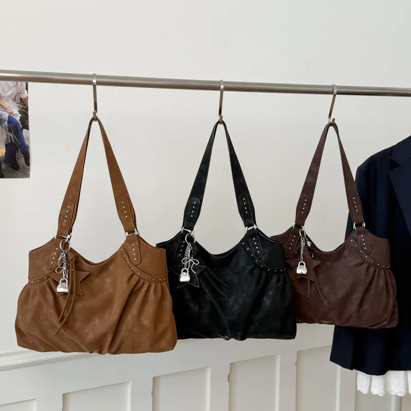 Women Retro Solid Color Pu Leather Shoulder Bag 2025 Winter Tote Bag Luxury Designer New Trend Brand Handbags