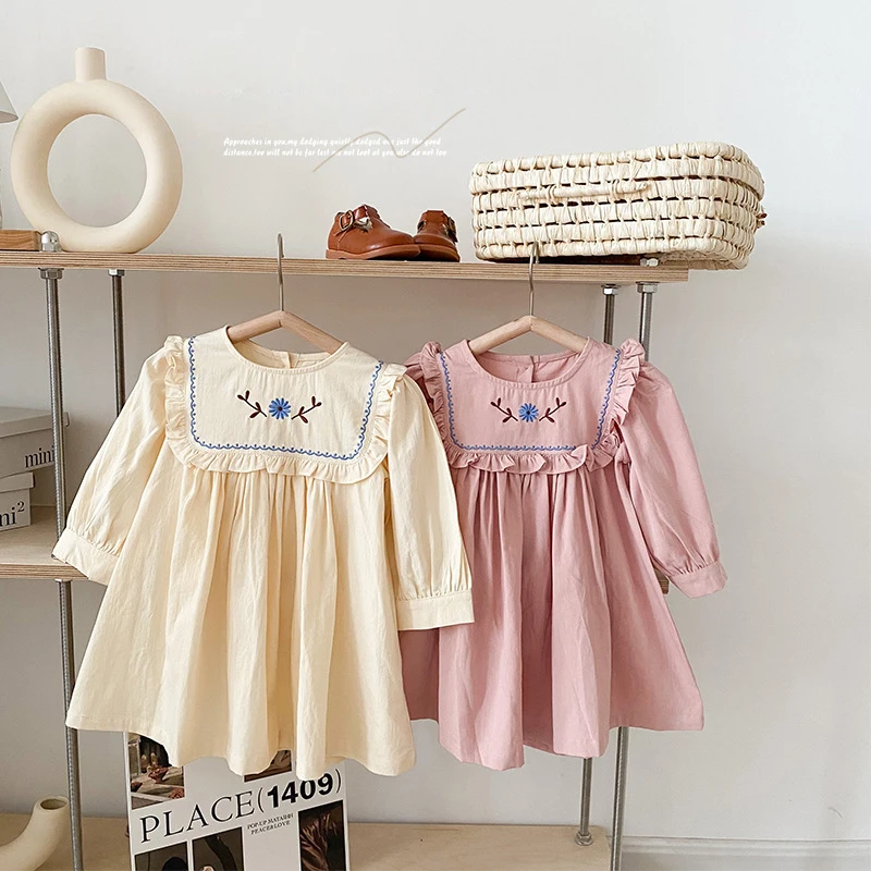 

Sweet Solid Girls Dress Ruched Square Collar Floral Embroidery Long Sleee Cotton Children Vestido Spring Autumn Kids Clothing