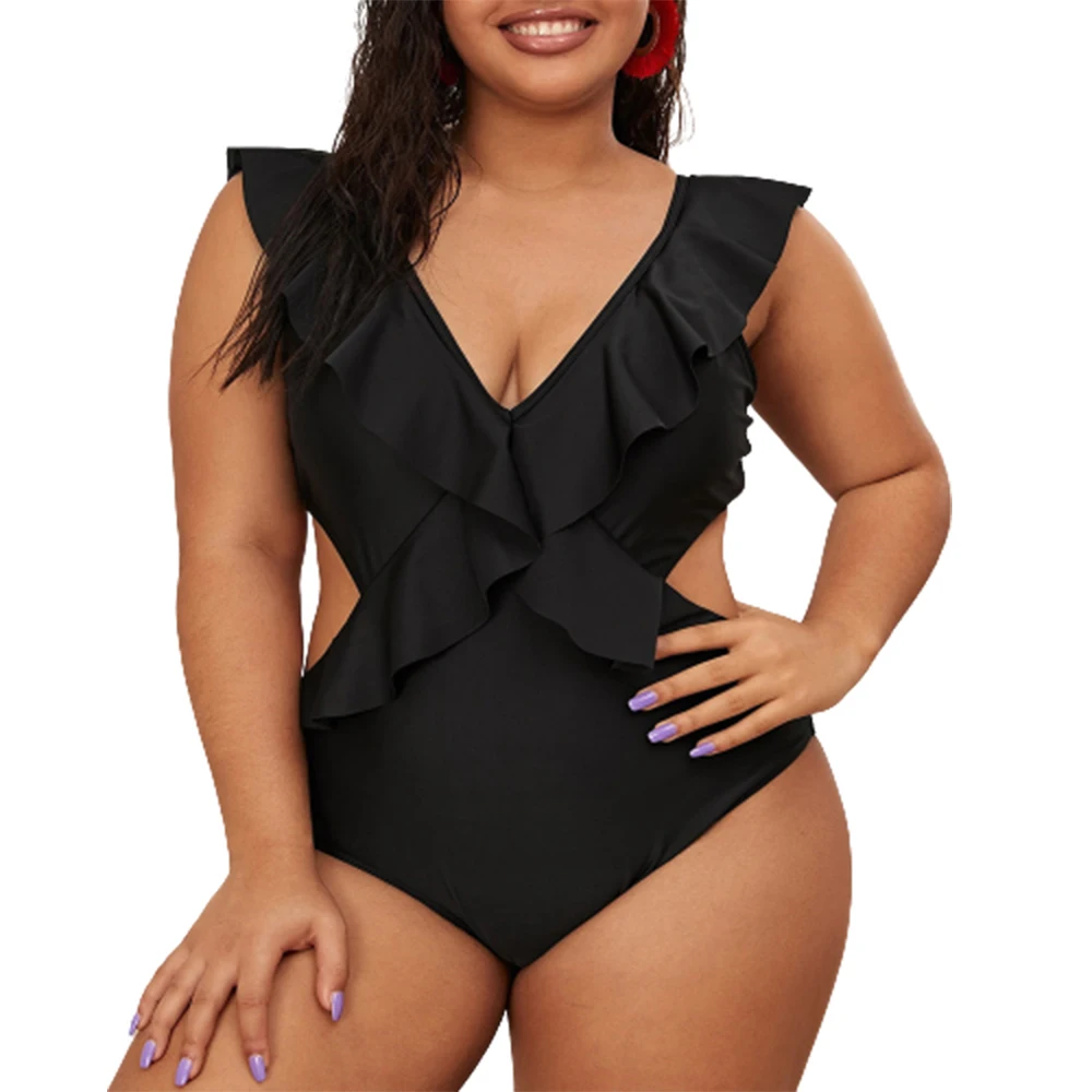 

FS Women Black Monokini Plus Size Bikini Set Hollowed Out Bathing Suit Pleated Swimwear One Piece 2022 Summer Hot New Arrivals