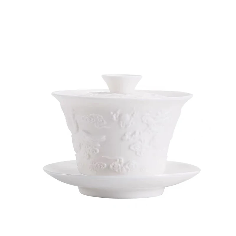 relief sculpture Dragon and Phoenix Sancai Covered Bowl 160ml Kung Fu Tea Brewer Large Tea Cup Zen Ware