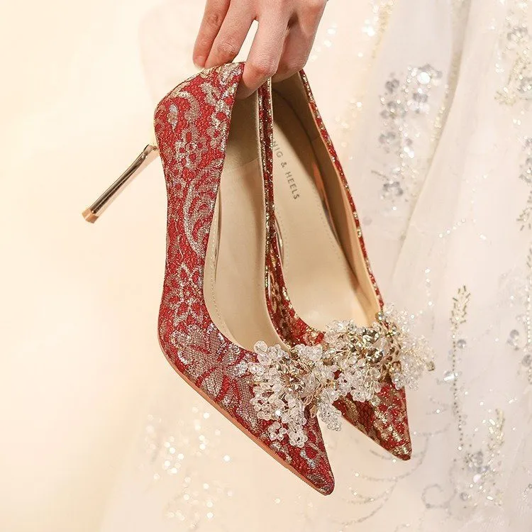 

Новинка Осень/Зима 2024 Роскошный и изысканный красивый образец для невесты китайские свадебные красные высокие каблуки