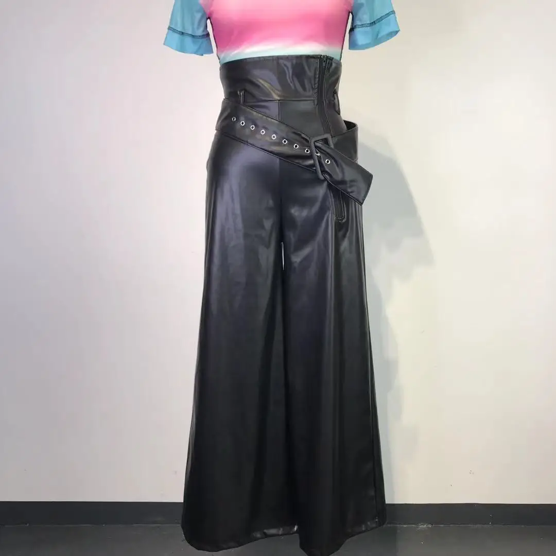 Fashion INS style PU leather pants nightclub metal belt wide leg pants party party high waist pants