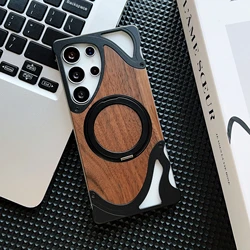 Walnut Wood Metal Armor Case with 360° Rotating Magnetic Bracket - Shockproof Cover - Galaxy S24Ultra (Black1)