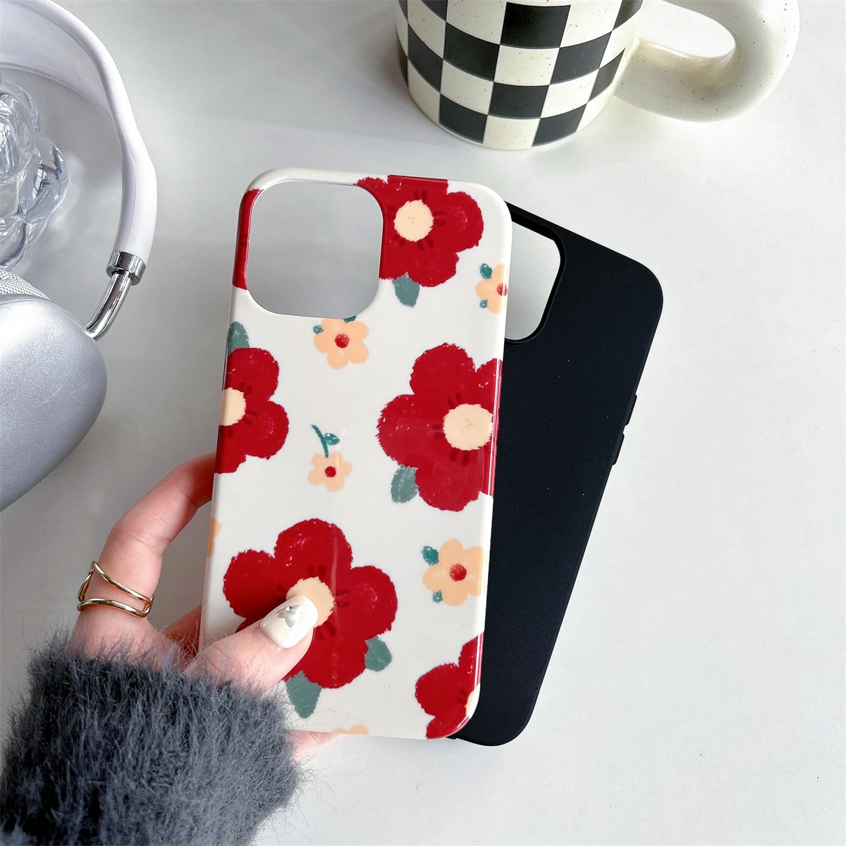 Big Red Flower Pattern Two-in-One Film Protective Shell for iPhone