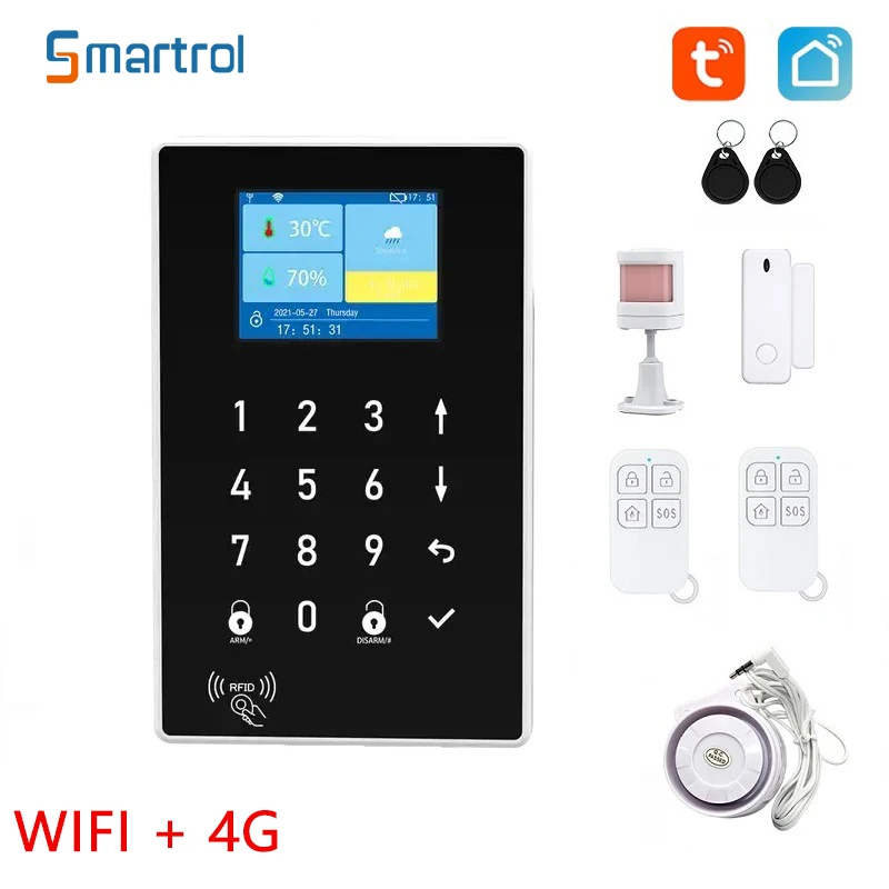 Smartrol 4G Security Alarm System Tuya WiFi 2 in 1 Alarme Host Security Protection Sensor for Smart Home Alarms Kit