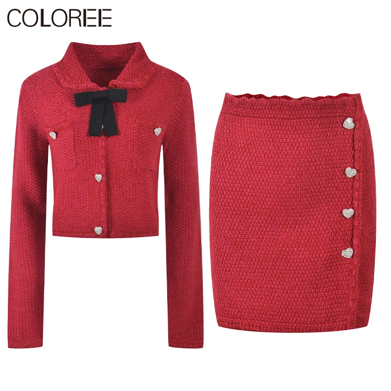 

Runway Designers Women Two Piece Outfits 2023 Elegant New Year Red Knitted Sweater Matching Sets Conjuntos De Pantalón