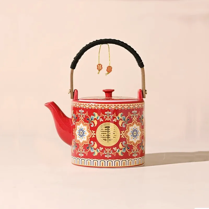 Enamel Wedding Tea Set Chinese Traditional Bridal Shower Gift for Bride, Teacup & Teapot with Double Happiness, Dowry Accessorie