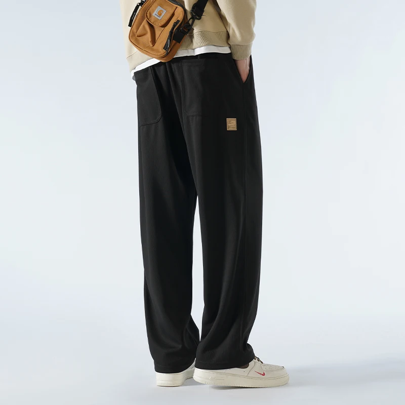Spring Autumn Elastic High Waisted Solid Color Pockets Men's Clothing Casual Loose Wide Leg Trousers Preppy Style Sweatpants
