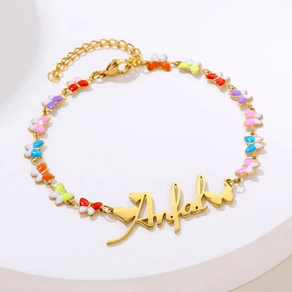 

3UMeter Butterfly Custom Name Bracelet Women Mixed Color Enamel Stainless Steel Eye Petal Heart Bracelet Gift