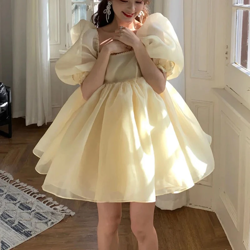

Rainbow ice cream candy color bubble sleeve puffy dress girl sweet square neck princess dresses for women 2023