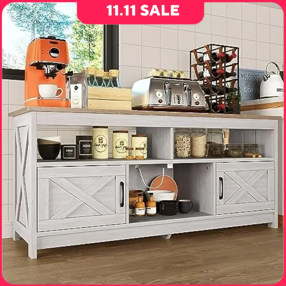 Sideboard Buffet Cabinet Farmhouse with Barn Door Coffee Bar Cabinet Storage and Open Shelves for Home Kitchen Dinning
