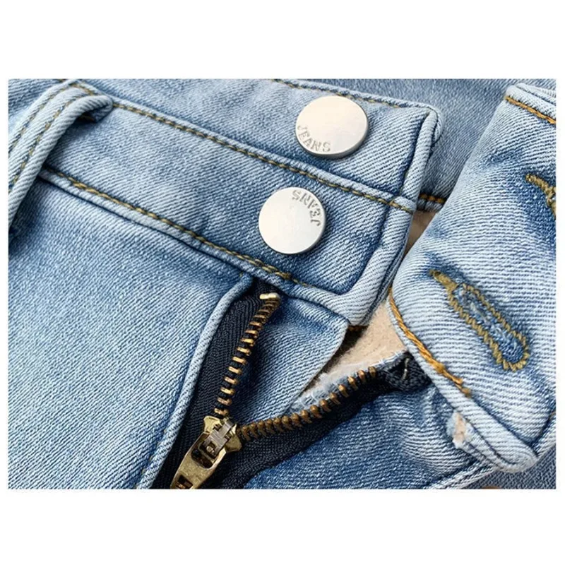 Women's High Waist Plus Velvet Slim Split Flare Denim Pants Korean Stretch Vaqueros Winter Thicken 101-103cm Long Skinny Jeans