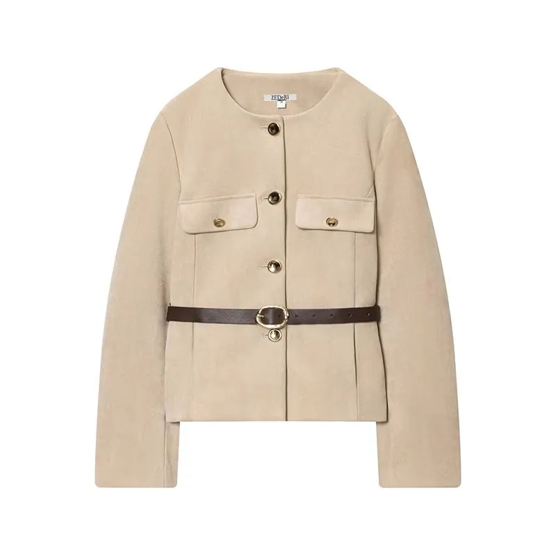 Chic Fashion Suede Blazer Woman Autumn Single Breasted Long Sleeves Belt Blazers Jacket Casual New Women's Suit Coat