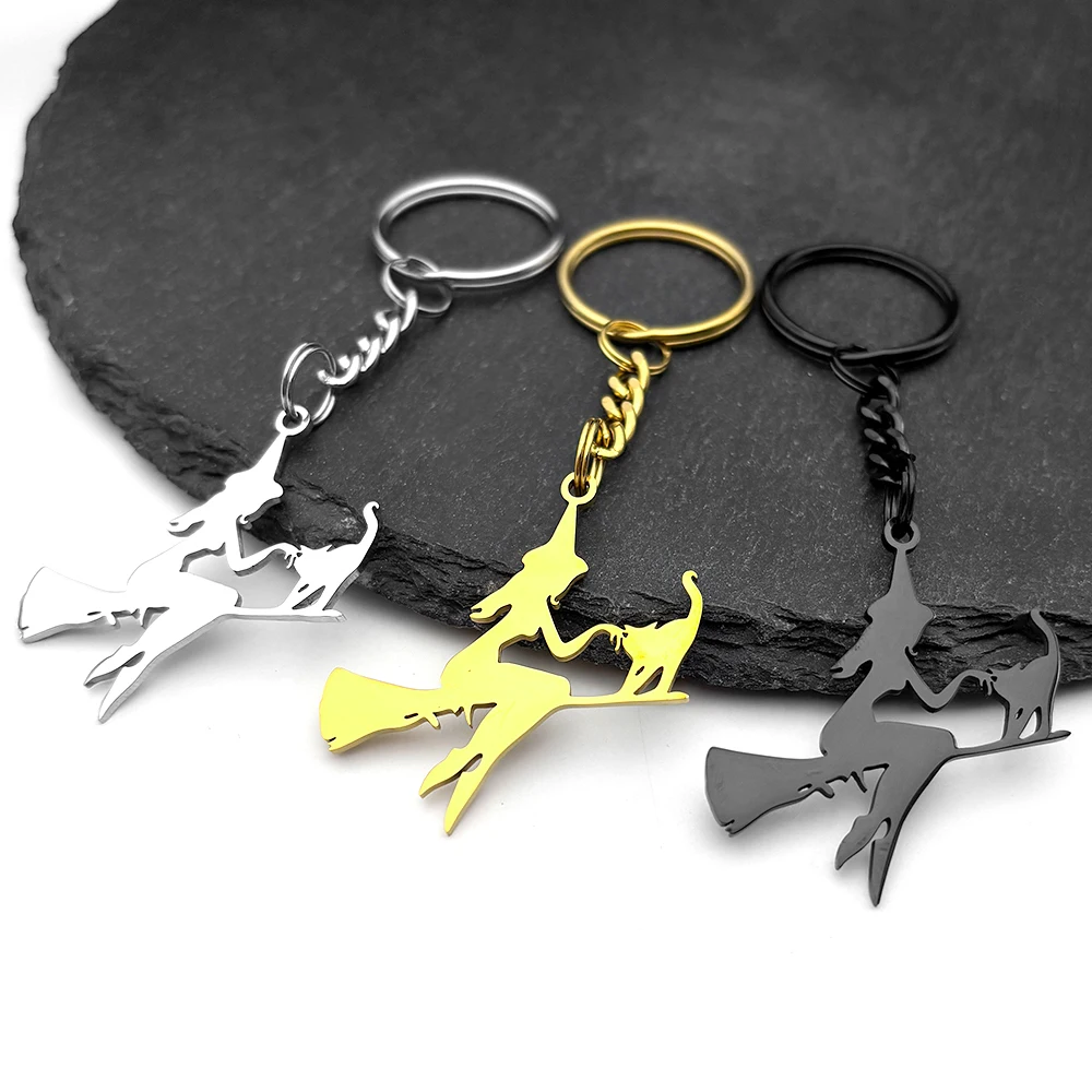 Hexenbesen Katze Edelstahl Schlüsselanhänger für Frauen Magische Hexerei Pagan Wicca Magie Schlüsselanhänger Schmuck Geschenke