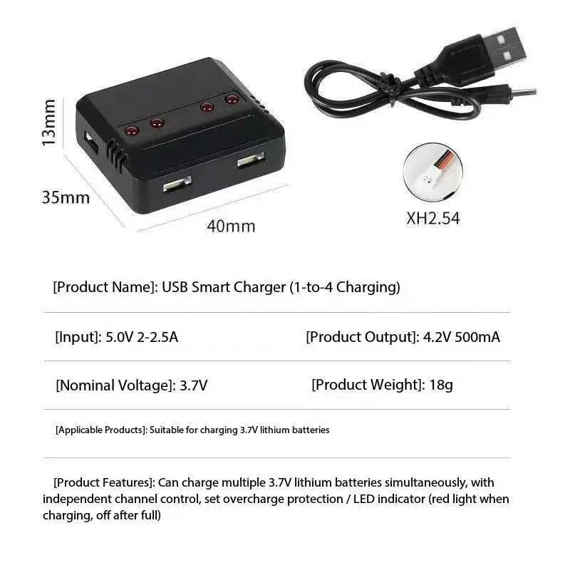Vue de face du chargeur USB 1 à 4 pour batterie drone 3.7V Lithium, blanc, avec ports USB et indicateurs lumineux pour charge rapide et sécurisée.