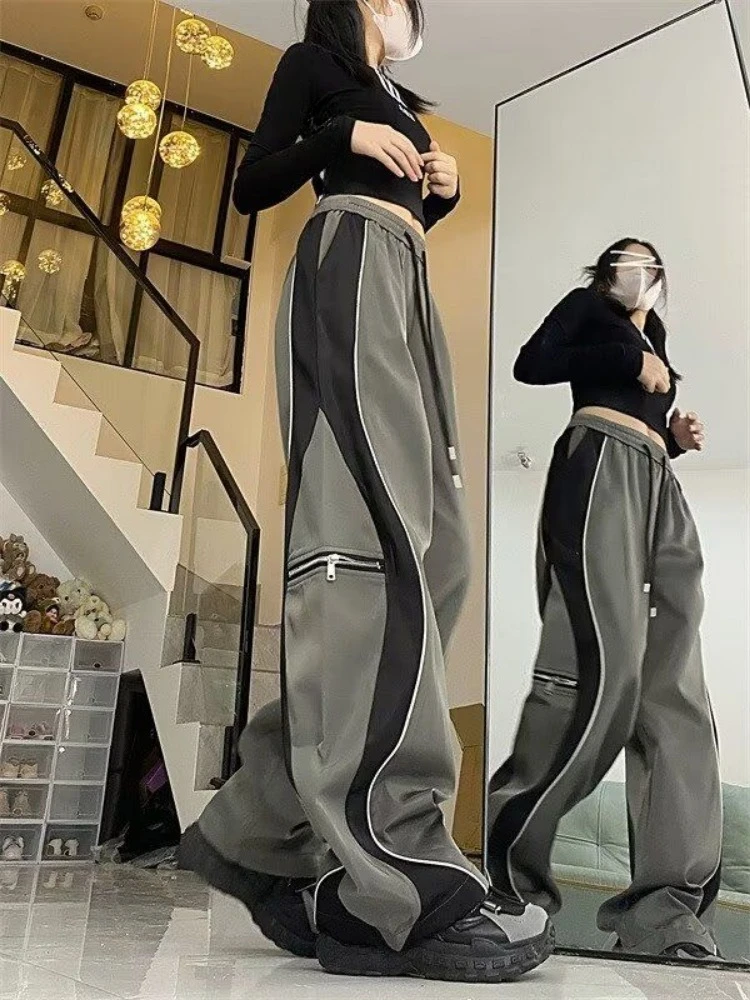 QWEEK Y2k Sport Cargo Pants Women Design Drawstring Jogger Wide Leg Punk Pants Baggy Stripped Sweatpants 2024 Spring Fashion