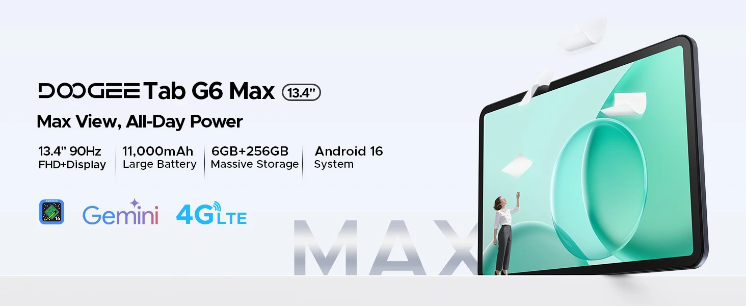 DOOGEE Tab G6 Max 2 in 1 Tablet PC 32GB 256GB 13.4'' FHD+ Display Android 16 Gemini AI 11000mAh 7.7mm Ultra-thin Widevine L1