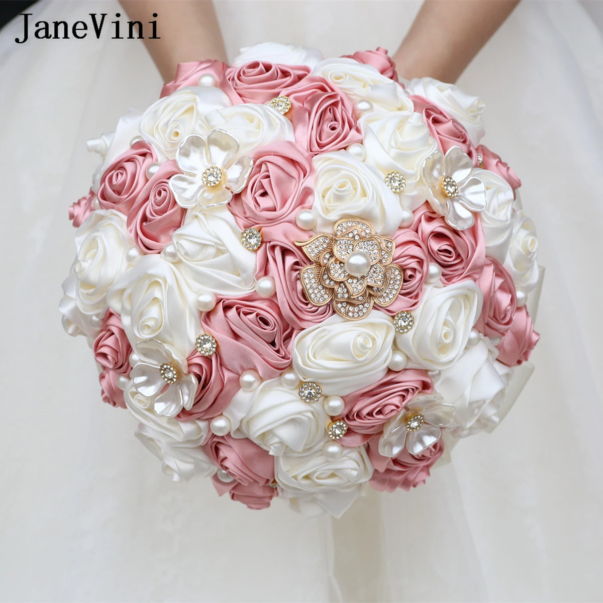 

JaneVini Romantic Dusty Pink Pearl Wedding Flowers Bridal Bouquets Satin Roses Bride Holding Flowers Crystal Brudesmaid Bouquet